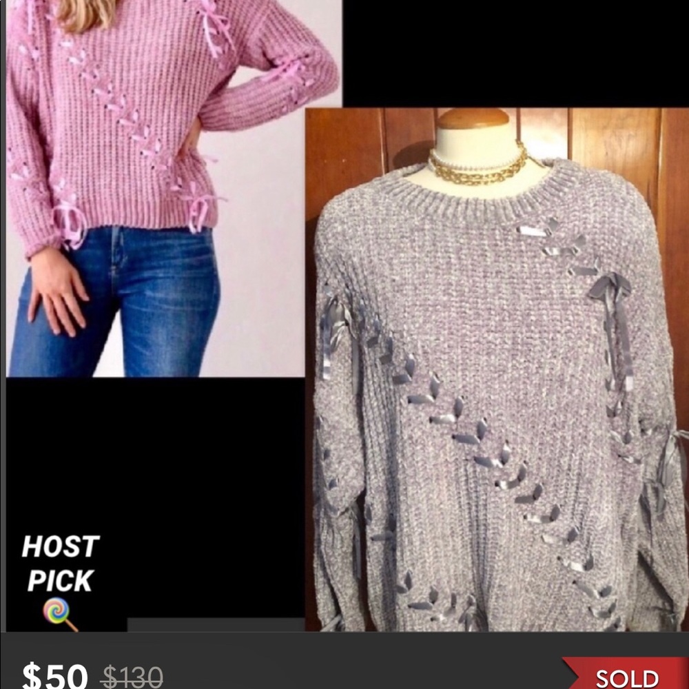 PLUS GREY SATIN LACED RIBBON SWEATER - Picture 1 of 9